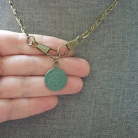 Bronze Medallion Coin Necklace, verdigris patina pendant, ancient coin charm, bronze paperclip chain, antique brass chain, twisted chain, turquoise coin, front clasp clips