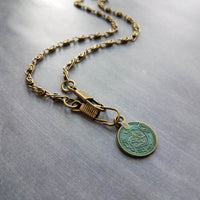 Bronze Medallion Coin Necklace, verdigris patina pendant, ancient coin charm, bronze paperclip chain, antique brass chain, twisted chain, turquoise coin, front clasp clips