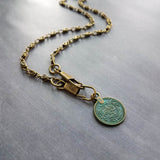 Bronze Medallion Coin Necklace, verdigris patina pendant, ancient coin charm, bronze paperclip chain, antique brass chain, twisted chain, turquoise coin, front clasp clips