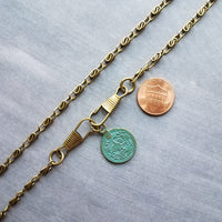 Bronze Medallion Coin Necklace, verdigris patina pendant, ancient coin charm, bronze paperclip chain, antique brass chain, twisted chain, turquoise coin, front clasp clips