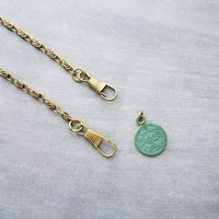 Bronze Medallion Coin Necklace, verdigris patina pendant, ancient coin charm, bronze paperclip chain, antique brass chain, twisted chain, turquoise coin, front clasp clips