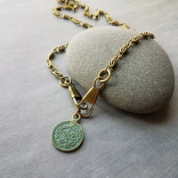 Bronze Medallion Coin Necklace, verdigris patina pendant, ancient coin charm, bronze paperclip chain, antique brass chain, twisted chain, turquoise coin, front clasp clips