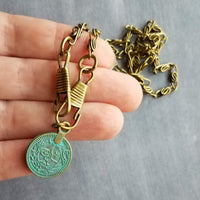 Bronze Medallion Coin Necklace, verdigris patina pendant, ancient coin charm, bronze paperclip chain, antique brass chain, twisted chain, turquoise coin, front clasp clips
