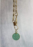 Bronze Medallion Coin Necklace, verdigris patina pendant, ancient coin charm, bronze paperclip chain, antique brass chain, twisted chain, turquoise coin, front clasp clips