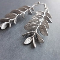 Long Stem Leaf Earrings, matte silver rhodium leaves, silver branch earrings, unique silver earrings, silver leaves with veining, silver dangle earring