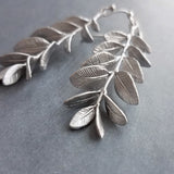 Long Stem Leaf Earrings, matte silver rhodium leaves, silver branch earrings, unique silver earrings, silver leaves with veining, silver dangle earring