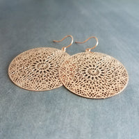 Rose Gold Filigree Earrings, spiderweb earrings, rose gold earring, dream catcher earring, rose gold laser cut earrings, intricate cut out