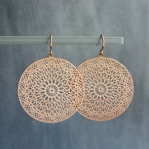 Rose Gold Filigree Earrings, spiderweb earrings, rose gold earring, dream catcher earring, rose gold laser cut earrings, intricate cut out