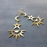 Sun Stars Moon Earrings, sun earrings, sky earrings, sunshine earrings, gold crescent moon earrings, gold sun earrings, celestial earrings, long gold dangles, gold spike earrings, spiky gold earrings