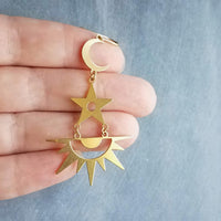 Sun Stars Moon Earrings, sun earrings, sky earrings, sunshine earrings, gold crescent moon earrings, gold sun earrings, celestial earrings, long gold dangles, gold spike earrings, spiky gold earrings