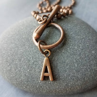 Antique Copper Ball Chain Necklace & Letter Charm, chunky chain, copper letter necklace, toggle clasp necklace, front clasp necklace, initial necklace, personalized gift