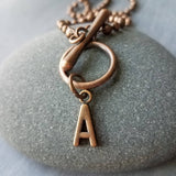 Antique Copper Ball Chain Necklace & Letter Charm, chunky chain, copper letter necklace, toggle clasp necklace, front clasp necklace, initial necklace, personalized gift