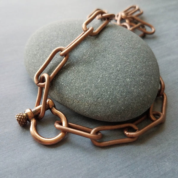 Paperclip Chain Necklace, antique copper finish, big clasp necklace, front clasp chain, chunky copper chain, screw shackle / horseshoe clasp, large oval link chain
