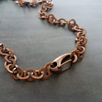 Thick Copper Chain Necklace, big clasp necklace, front clasp chain, antique copper necklace, chunky copper chain, lobster claw carabiner clip clasp, flat O textured link,