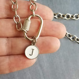 Silver O Link Chain Necklace - initial charm, personalized round letter in white / teal / hot pink, chunky chain, large oval carabiner style clasp, front screw clasp