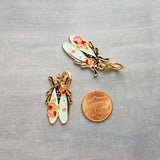 Insect Earrings, flying insect dangles, bug jewelry, gold huggie hoop, pink flowers on insect, insect jewelry, black enamel bug, fly earrings, snap close hoop, flying insect with blue wings