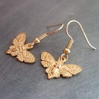 Gold Moth Earrings, insect earrings, moth jewelry, gold insect, bug earrings, transformation earrings, small moth dangles, moth charms