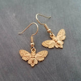 Gold Moth Earrings, insect earrings, moth jewelry, gold insect, bug earrings, transformation earrings, small moth dangles, moth charms