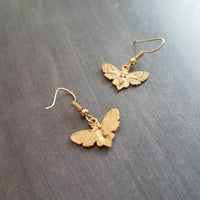 Gold Moth Earrings, insect earrings, moth jewelry, gold insect, bug earrings, transformation earrings, small moth dangles, moth charms