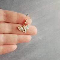 Gold Moth Earrings, insect earrings, moth jewelry, gold insect, bug earrings, transformation earrings, small moth dangles, moth charms