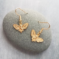 Gold Moth Earrings, insect earrings, moth jewelry, gold insect, bug earrings, transformation earrings, small moth dangles, moth charms