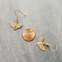 Gold Moth Earrings, insect earrings, moth jewelry, gold insect, bug earrings, transformation earrings, small moth dangles, moth charms