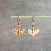 Gold Moth Earrings, insect earrings, moth jewelry, gold insect, bug earrings, transformation earrings, small moth dangles, moth charms