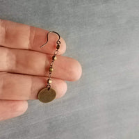 Antique Brass Chain Earrings, bronze disk earring, delicate thin earring, antique bronze round dangle, bronze chain, lightweight aged brass