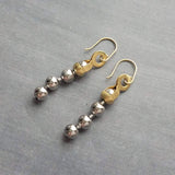Gold & Silver Ball Chain Earrings, small raw brass hooks, mixed metal, long narrow dangle, round beaded earring, silver and gold earrings