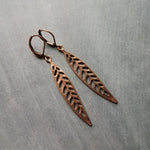 Antique Copper Leaf Earrings, long narrow copper leaves, copper lever back earrings, antique copper filigree earring, cut out leaf earring, fall earring autumn jewelry, thin filigree leaf