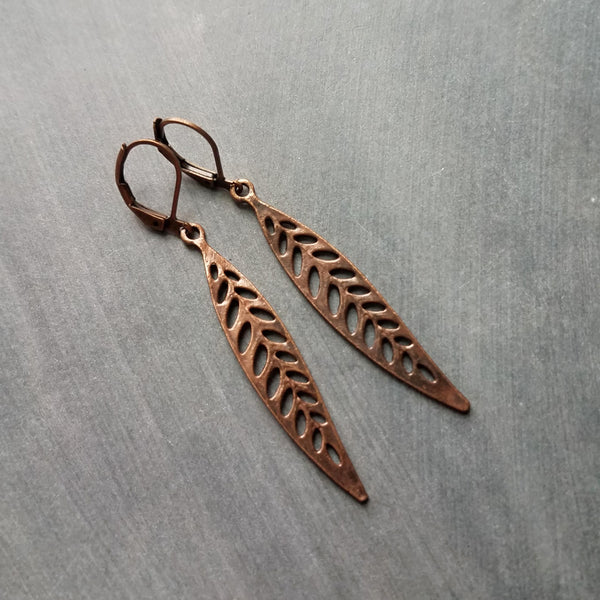 Antique Copper Leaf Earrings, long narrow copper leaves, copper lever back earrings, antique copper filigree earring, cut out leaf earring, fall earring autumn jewelry, thin filigree leaf