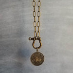 Antique Bronze Shackle Coin Necklace, chunky aged brass chain, thick front clasp, oval paperclip chain, big horse shoe screw clasp, large