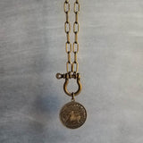 Antique Bronze Shackle Coin Necklace, chunky aged brass chain, thick front clasp, oval paperclip chain, big horse shoe screw clasp, large