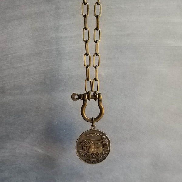 Antique Bronze Shackle Coin Necklace, chunky aged brass chain, thick front clasp, oval paperclip chain, big horse shoe screw clasp, large