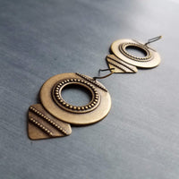 Large Round Antique Bronze Earrings, tribal style medallions, beaded edge, rustic antique brass earring, lightweight ox brass gold triangle