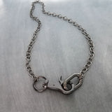 Thick Gunmetal Chain Necklace, double front clasp, silvery gun black metal round O link, chunky necklace, large oval clip, big lobster clasp