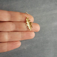 Little Gold Oak Leaf Earrings - raw brass leaves dangle on gold plated simple hooks or upgraded 14K SOLID GOLD hooks, tiny brass detailed leaf charm, autumn dangle, minimalist fall jewelry gift for her, acorn oak tree jewelry