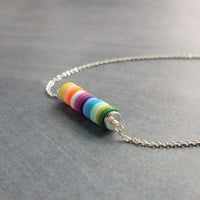Silver Disk Necklace, colorful necklace, multicolor necklace, clay rainbow necklace, cheerful necklace, round rainbow disc necklace
