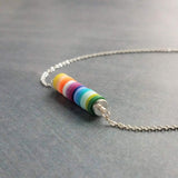 Silver Disk Necklace, colorful necklace, multicolor necklace, clay rainbow necklace, cheerful necklace, round rainbow disc necklace