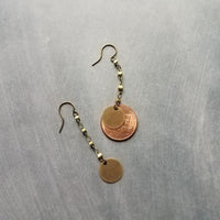 Antique Brass Chain Earrings, bronze disk earring, delicate thin earring, antique bronze round dangle, bronze chain, lightweight aged brass