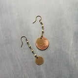 Antique Brass Chain Earrings, bronze disk earring, delicate thin earring, antique bronze round dangle, bronze chain, lightweight aged brass