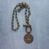 Antique Bronze Shackle Coin Necklace, chunky aged brass chain, thick front clasp, oval paperclip chain, big horse shoe screw clasp, large