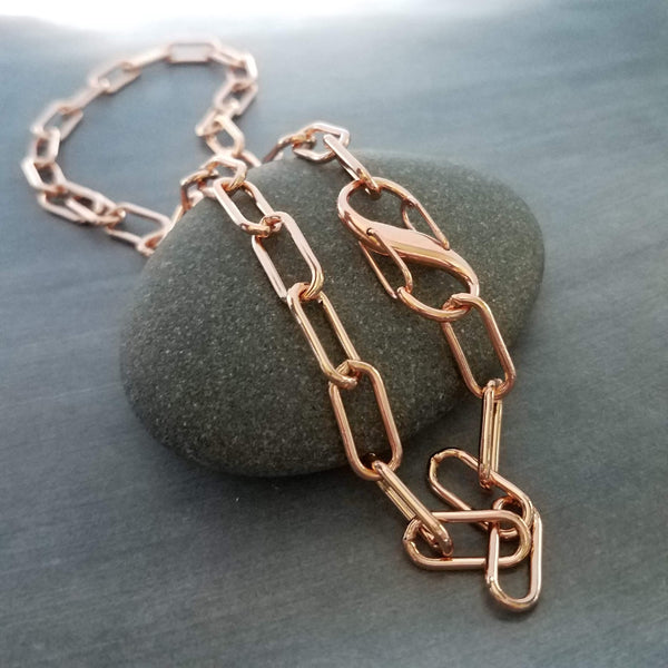 Chunky Rose Gold Necklace, S clasp carabiner clasp, big front clasp, thick rose gold chain, rose gold paperclip oval link chain, add a charm