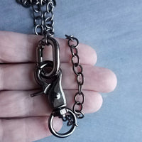 Thick Gunmetal Chain Necklace, double front clasp, silvery gun black metal round O link, chunky necklace, large oval clip, big lobster clasp