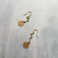 Antique Brass Chain Earrings, bronze disk earring, delicate thin earring, antique bronze round dangle, bronze chain, lightweight aged brass