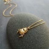 Little Gold Beetle Necklace, small beetle pendant, thin delicate 18in chain, rose June bug, 14K gold fill chain opt, 3D insect bug charm jewelry, gold bug necklace