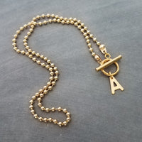 Gold Ball Chain Necklace & Letter Charm, chunky chain, gold letter initial necklace, toggle clasp necklace, front clasp