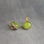 Green Leaf Earrings, gold lever back earrings, snap close stainless steel earring, 1 inch earring, veining detail under round glass dome