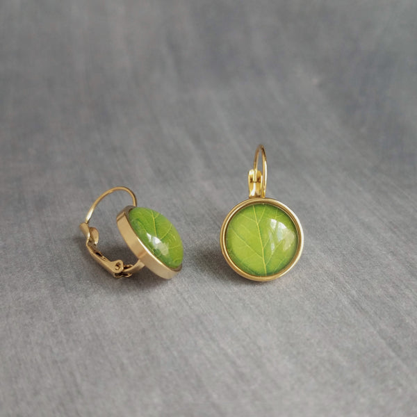 Green Leaf Earrings, gold lever back earrings, snap close stainless steel earring, 1 inch earring, veining detail under round glass dome