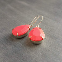 Coral Pink Teardrop Earrings, facet cut teardrop, bubblegum pink acrylic stone, acrylic gemstone earring, silver pink earring, coral pink earring, large faceted teardrop earrings